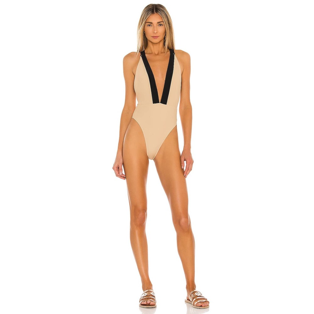 New Michael Costello Talliah One Piece Swimsuit Tan Black Crisscross Back Sz S